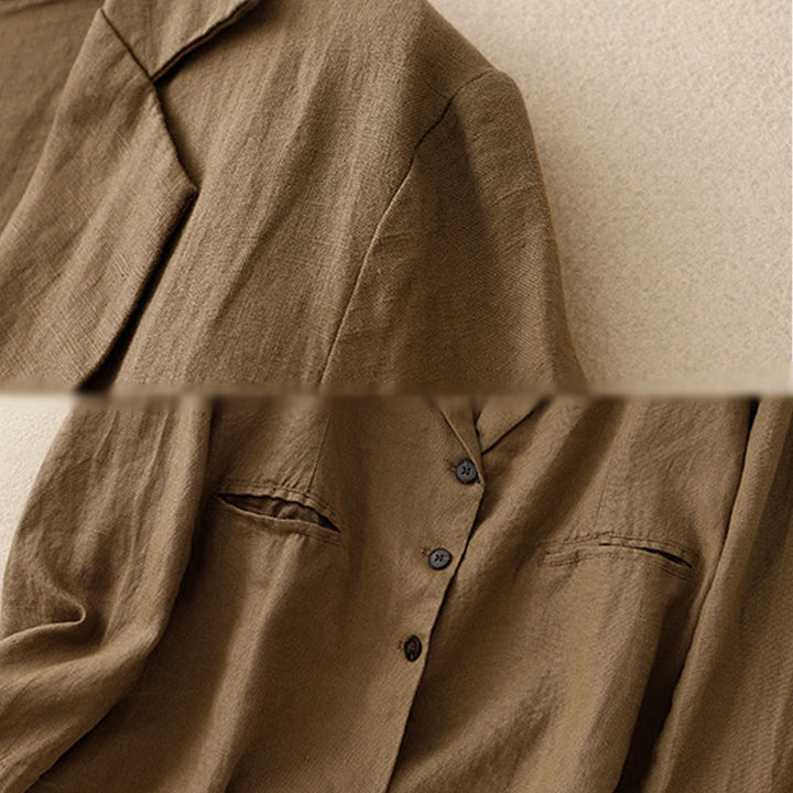 Chaqueta retro de lino y algodón con solapa de color puro para mujer con bolsillos Buddha Stones Commute - image 2