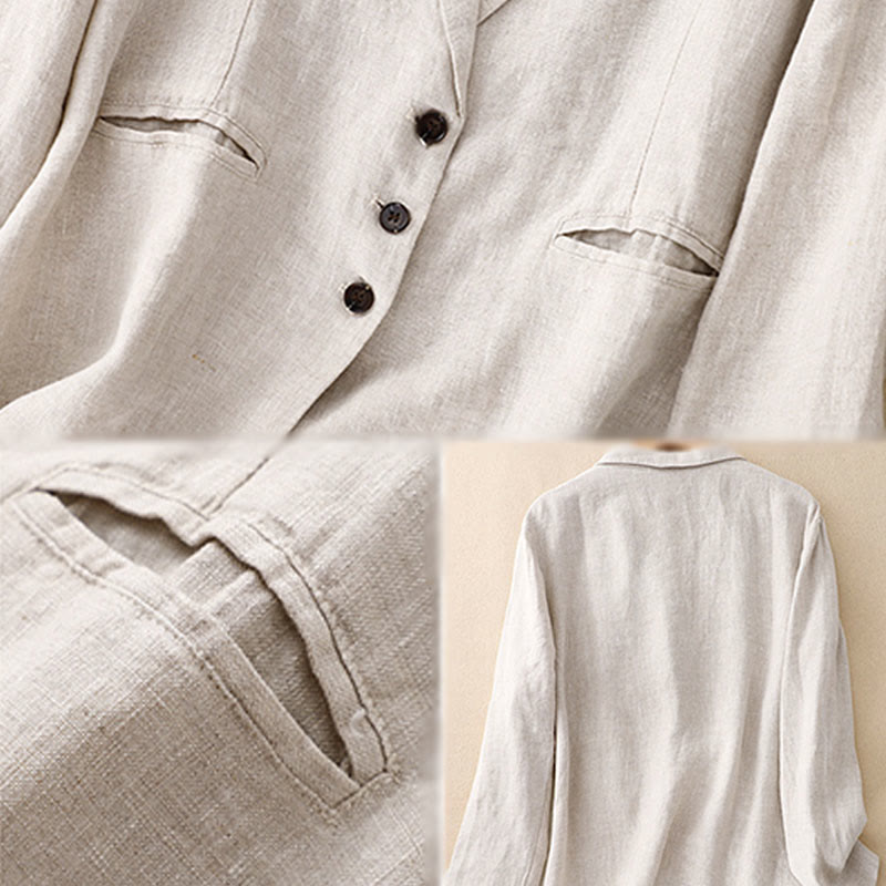 Chaqueta retro de lino y algodón con solapa de color puro para mujer con bolsillos Buddha Stones Commute - image 13