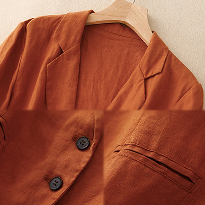 Chaqueta retro de lino y algodón con solapa de color puro para mujer con bolsillos Buddha Stones Commute - image 14