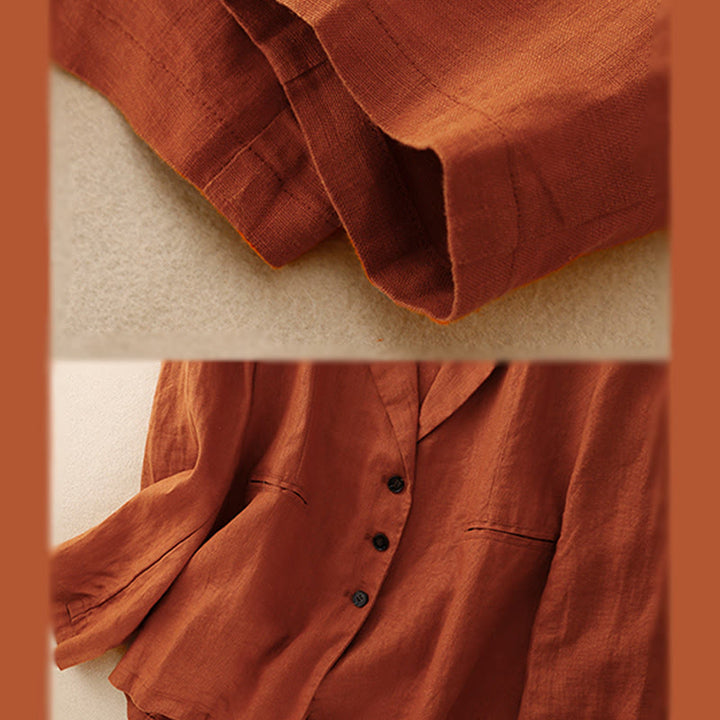 Chaqueta retro de lino y algodón con solapa de color puro para mujer con bolsillos Buddha Stones Commute - image 16