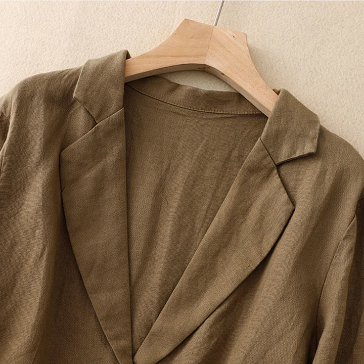 Chaqueta retro de lino y algodón con solapa de color puro para mujer con bolsillos Buddha Stones Commute - image 1