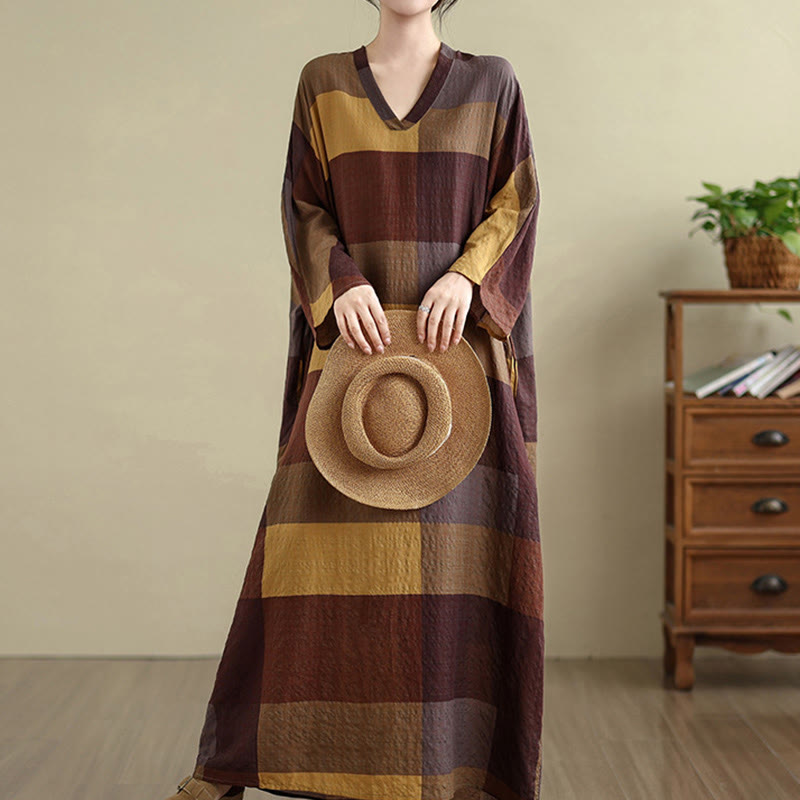 Vestido largo de lino y algodón para mujer con estampado de cuadros escoceses y Buddha Stones , con bolsillos - SaddleBrown - US4-12, UK/AU8-16, EU36-44 (F) - image 1