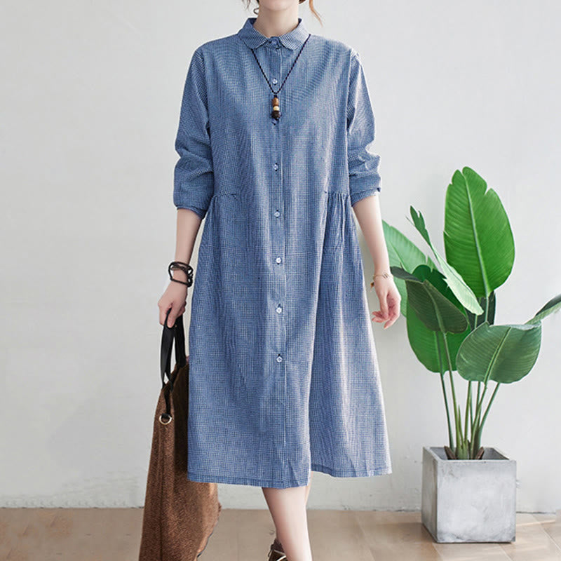 Vestido midi de algodón y lino con estampado de cuadrícula pequeña de Buddha Stones y bolsillos para mujer - Azul aciano - US8-10，UK/AU12-14，EU40-42 (2XL) - image 1