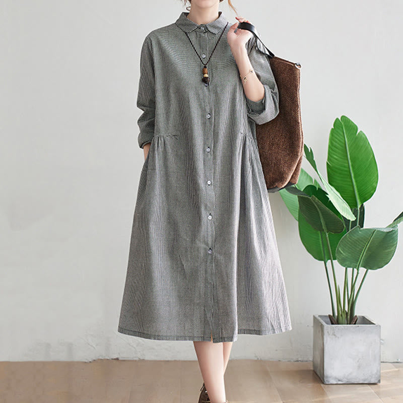 Vestido midi de algodón y lino con estampado de cuadrícula pequeña de Buddha Stones y bolsillos para mujer - image 9
