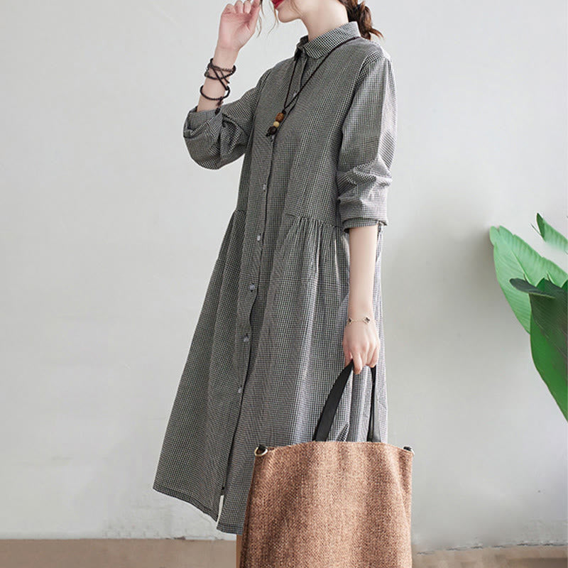 Vestido midi de algodón y lino con estampado de cuadrícula pequeña de Buddha Stones y bolsillos para mujer - image 13