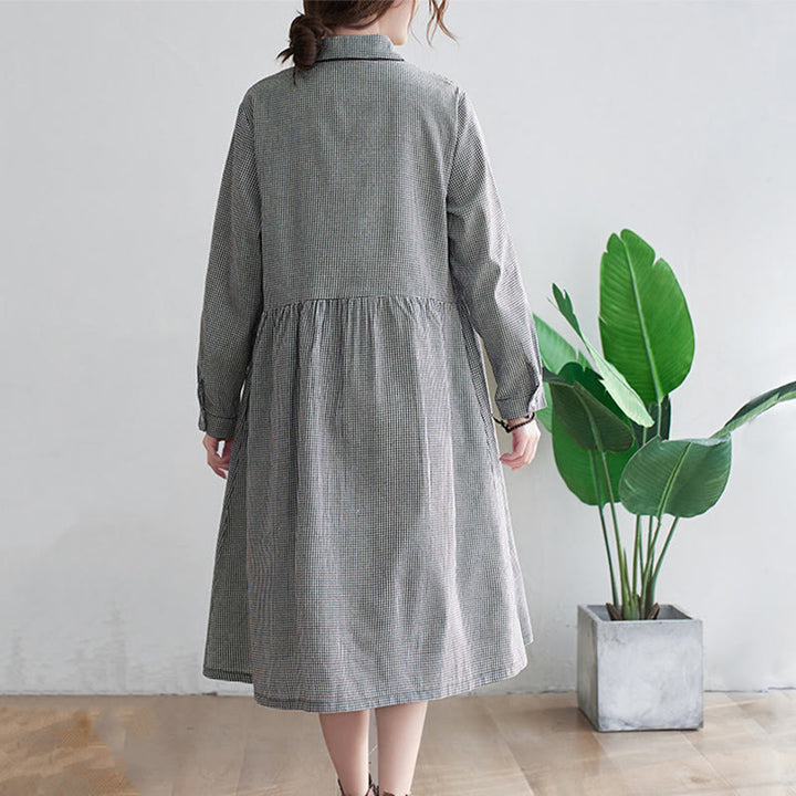 Vestido midi de algodón y lino con estampado de cuadrícula pequeña de Buddha Stones y bolsillos para mujer - image 6