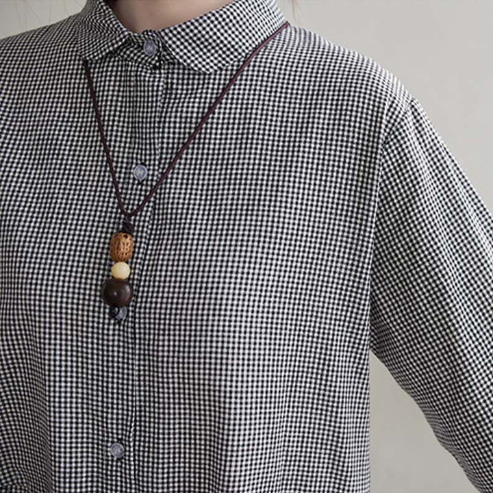 Vestido midi de algodón y lino con estampado de cuadrícula pequeña de Buddha Stones y bolsillos para mujer - image 14