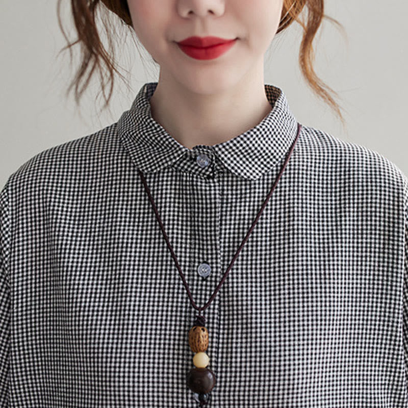 Vestido midi de algodón y lino con estampado de cuadrícula pequeña de Buddha Stones y bolsillos para mujer - image 18