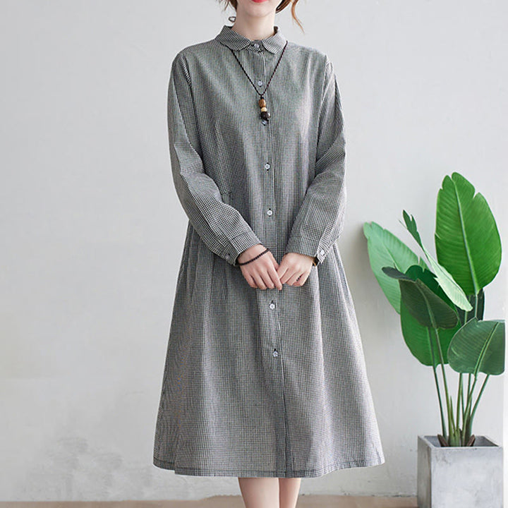 Vestido midi de algodón y lino con estampado de cuadrícula pequeña de Buddha Stones y bolsillos para mujer - image 12