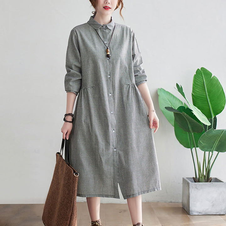 Vestido midi de algodón y lino con estampado de cuadrícula pequeña de Buddha Stones y bolsillos para mujer - image 10