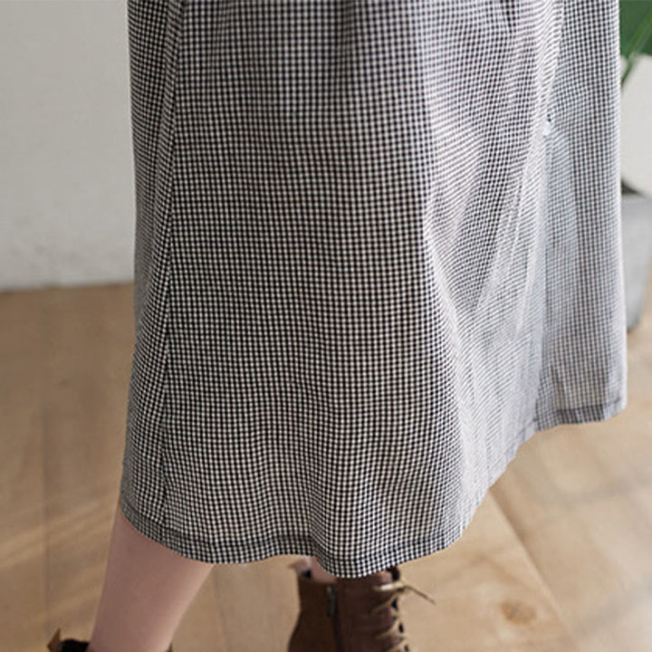 Vestido midi de algodón y lino con estampado de cuadrícula pequeña de Buddha Stones y bolsillos para mujer - image 17
