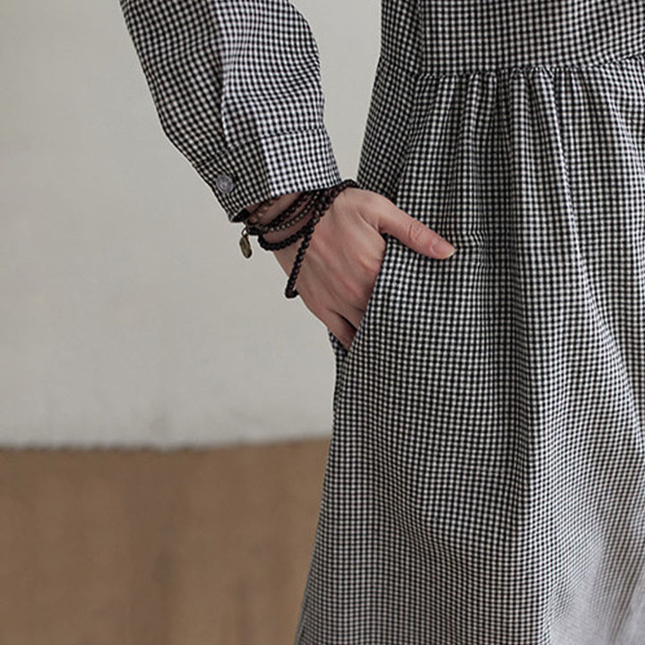 Vestido midi de algodón y lino con estampado de cuadrícula pequeña de Buddha Stones y bolsillos para mujer - image 15
