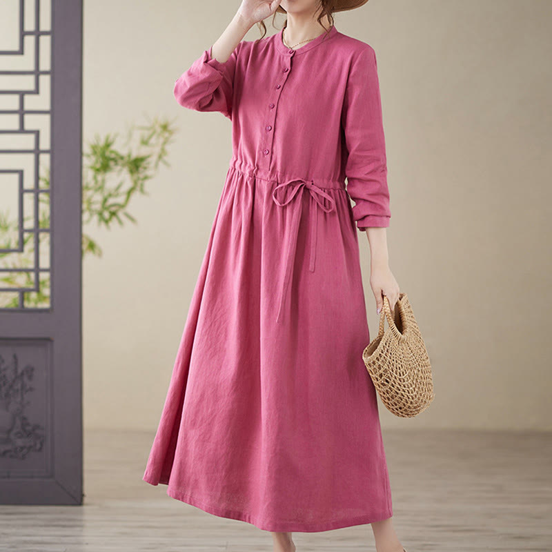 Vestido midi informal de lino y algodón con cuello redondo, cordones y bolsillos de Buddha Stones - Violeta pálido rojo - US8-10，UK/AU12-14，EU40-42 (2XL) - image 1