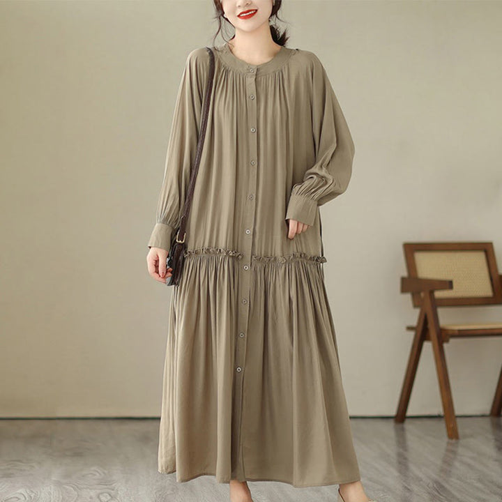 Vestido midi informal de poliéster plisado con cuello redondo y bolsillos de Buddha Stones - image 3