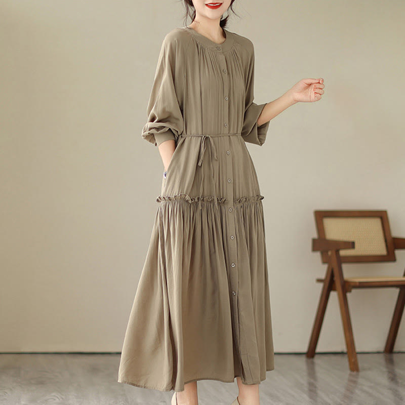 Vestido midi informal de poliéster plisado con cuello redondo y bolsillos de Buddha Stones - image 3