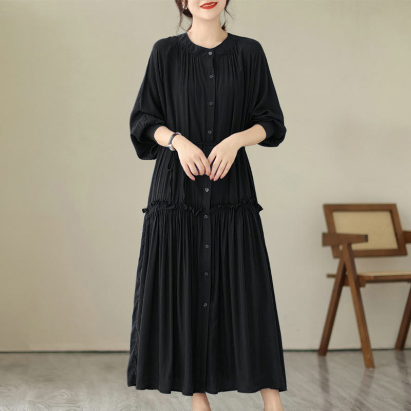 Vestido midi informal de poliéster plisado con cuello redondo y bolsillos de Buddha Stones - Negro - US4-6, UK/AU8-10, EU36-38 (F) - image 6