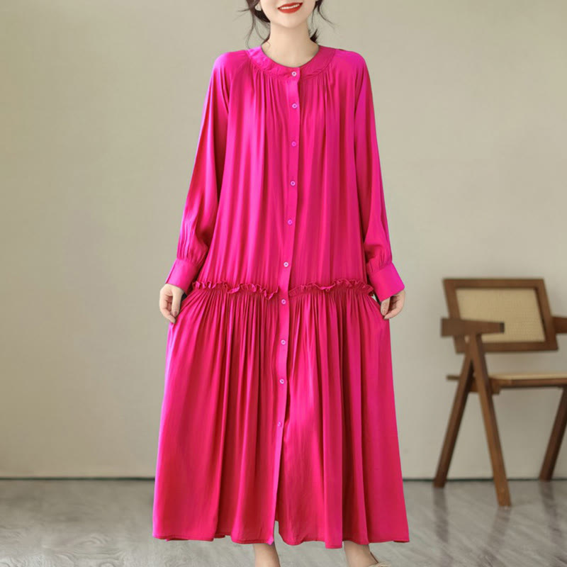 Vestido midi informal de poliéster plisado con cuello redondo y bolsillos de Buddha Stones - Rosa oscuro - US4-6, UK/AU8-10, EU36-38 (F) - image 9