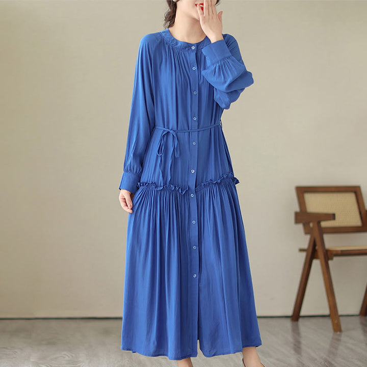 Vestido midi informal de poliéster plisado con cuello redondo y bolsillos de Buddha Stones - image 13