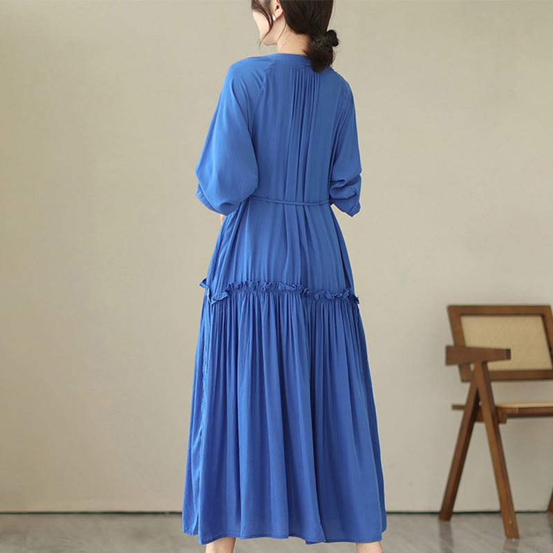 Vestido midi informal de poliéster plisado con cuello redondo y bolsillos de Buddha Stones - image 14