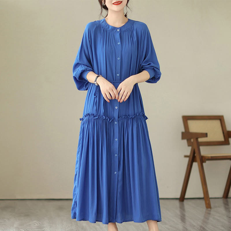 Vestido midi informal de poliéster plisado con cuello redondo y bolsillos de Buddha Stones - Azul real - US4-6, UK/AU8-10, EU36-38 (F) - image 11