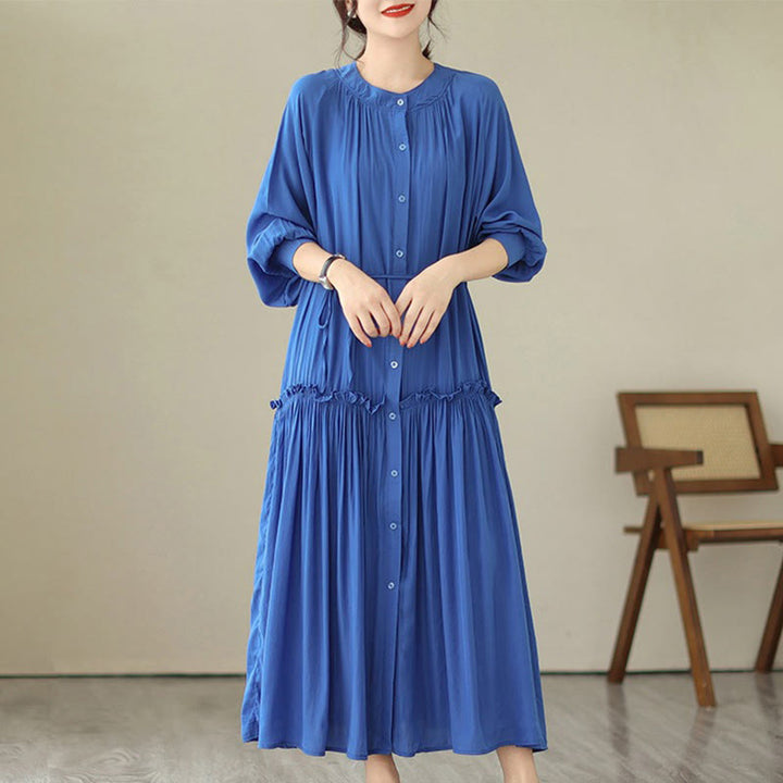Vestido midi informal de poliéster plisado con cuello redondo y bolsillos de Buddha Stones - Azul real - US4-6, UK/AU8-10, EU36-38 (F) - image 11