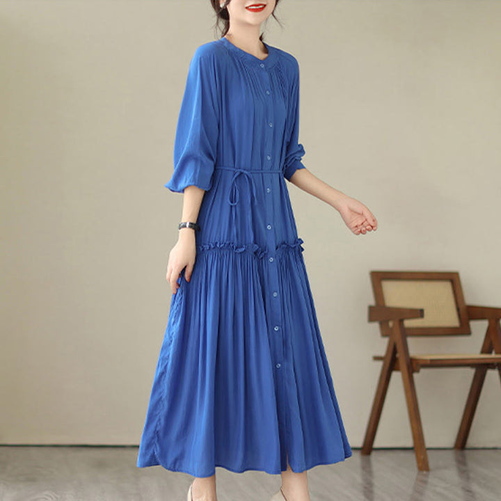 Vestido midi informal de poliéster plisado con cuello redondo y bolsillos de Buddha Stones - image 13