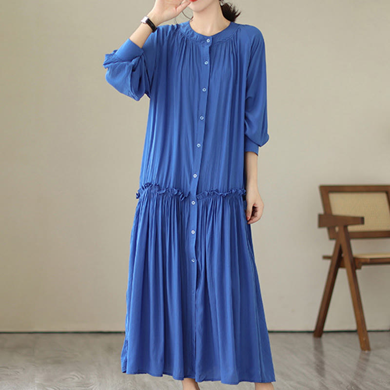 Vestido midi informal de poliéster plisado con cuello redondo y bolsillos de Buddha Stones - image 16