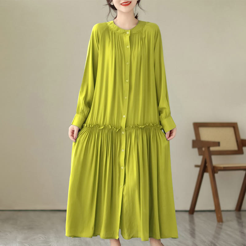 Vestido midi informal de poliéster plisado con cuello redondo y bolsillos de Buddha Stones - AmarilloVerde - US4-6, UK/AU8-10, EU36-38 (F) - image 24