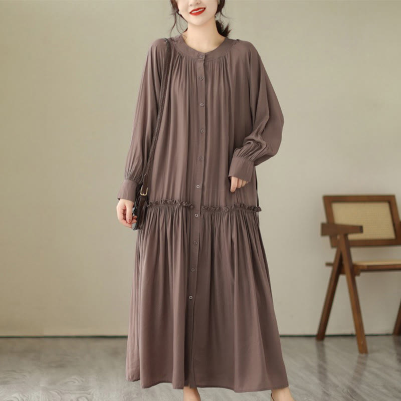 Vestido midi informal de poliéster plisado con cuello redondo y bolsillos de Buddha Stones - Tierra de siena - US4-6, UK/AU8-10, EU36-38 (F) - image 25