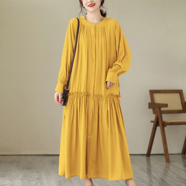 Vestido midi informal de poliéster plisado con cuello redondo y bolsillos de Buddha Stones - Oro - US4-6, UK/AU8-10, EU36-38 (F) - image 27