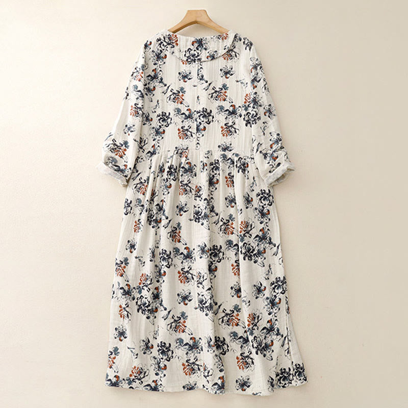 Vestido midi informal de lino y algodón con cuello redondo y estampado floral pequeño de Buddha Stones con bolsillos - image 3