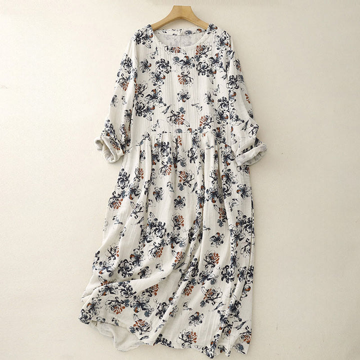 Vestido midi informal de lino y algodón con cuello redondo y estampado floral pequeño de Buddha Stones con bolsillos - FloralBlanco - US8-10，UK/AU12-14，EU40-42 (2XL) - image 1