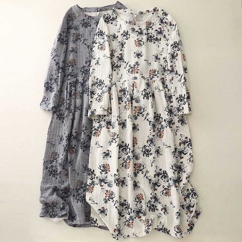 Vestido midi informal de lino y algodón con cuello redondo y estampado floral pequeño de Buddha Stones con bolsillos - image 21