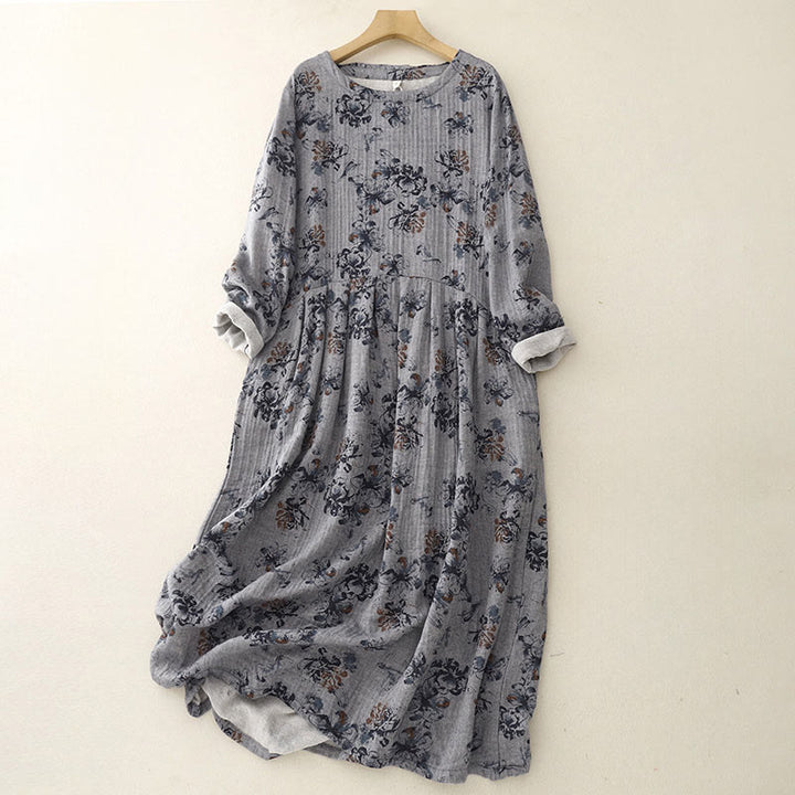 Vestido midi informal de lino y algodón con cuello redondo y estampado floral pequeño de Buddha Stones con bolsillos - Gris - US8-10，UK/AU12-14，EU40-42 (2XL) - image 12