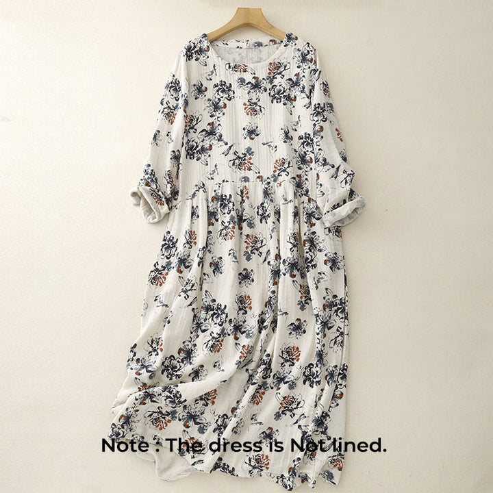 Vestido midi informal de lino y algodón con cuello redondo y estampado floral pequeño de Buddha Stones con bolsillos - image 2
