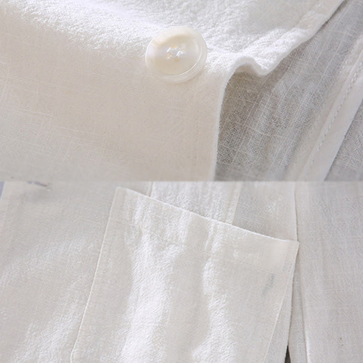 Camisa de lino con botones y bolsillos para hombre, diseño liso, de manga larga y Buddha Stones - image 3