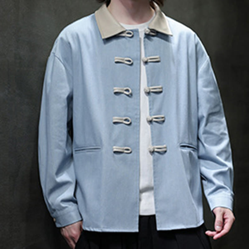 Camisa de algodón de manga larga con botones de rana y bolsillos para hombre de Buddha Stones - Azul cielo claro - US/UK/AU46, EU56 (5XL) - image 13