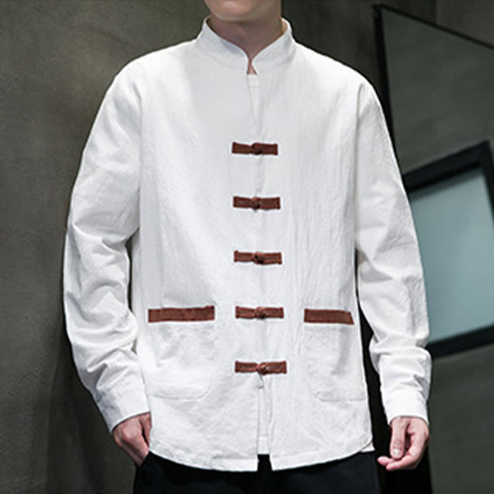 Camisa de lino y algodón con cuello alto y botones de rana para hombre de Buddha Stones, manga larga y bolsillos - image 5