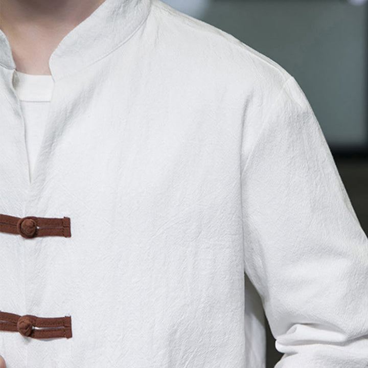 Camisa de lino y algodón con cuello alto y botones de rana para hombre de Buddha Stones, manga larga y bolsillos - image 8