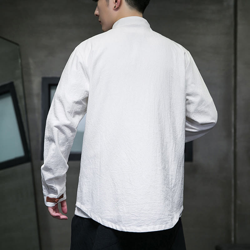 Camisa de lino y algodón con cuello alto y botones de rana para hombre de Buddha Stones, manga larga y bolsillos - image 4