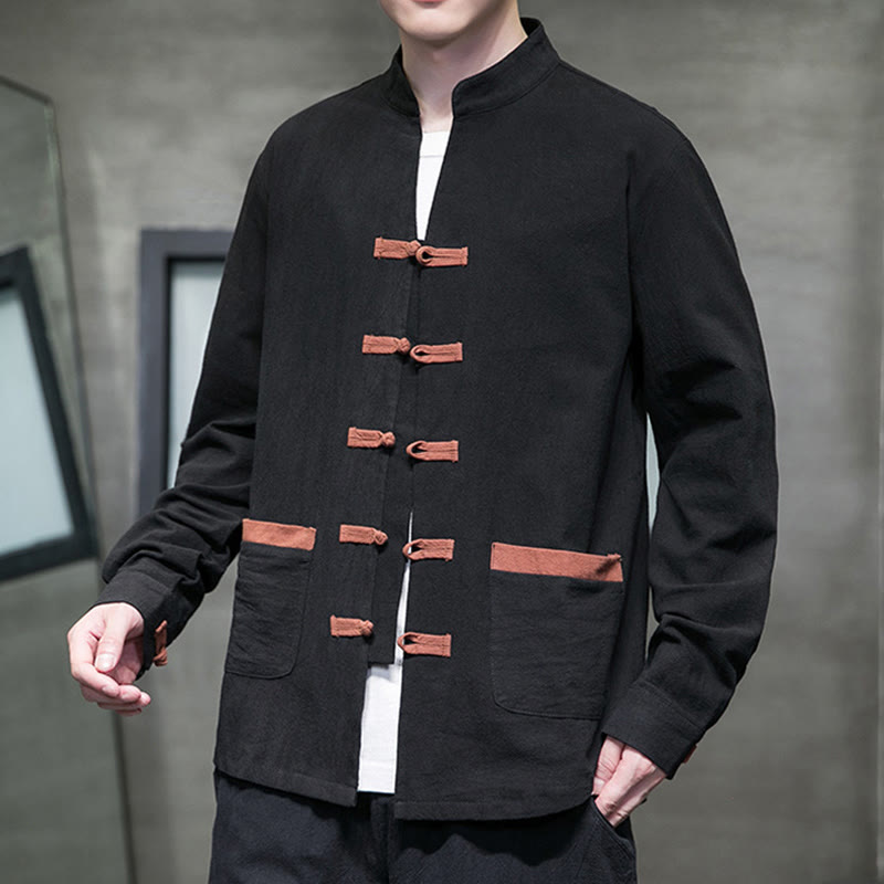 Camisa de lino y algodón con cuello alto y botones de rana para hombre de Buddha Stones, manga larga y bolsillos - image 11