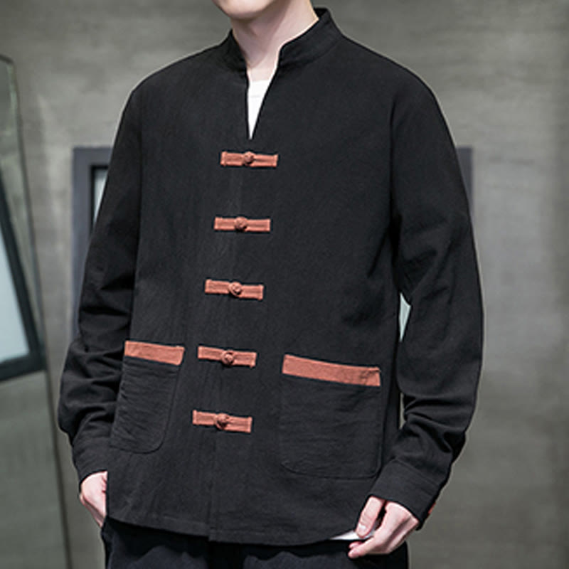 Camisa de lino y algodón con cuello alto y botones de rana para hombre de Buddha Stones, manga larga y bolsillos - image 15