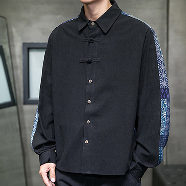 Camisa de manga larga de algodón con estampado floral y costuras de Buddha Stones para hombre - image 3