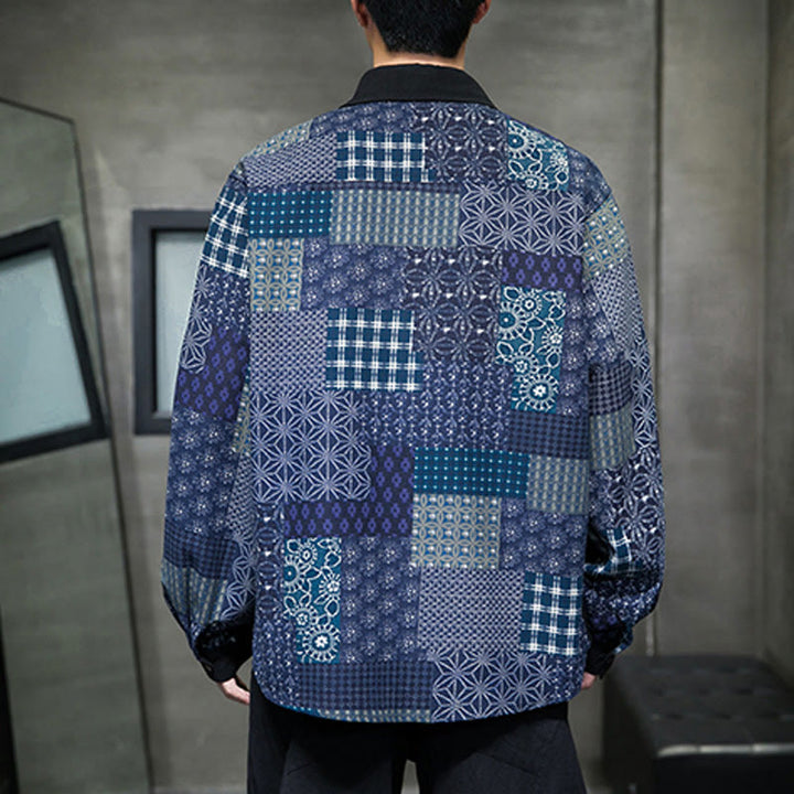 Camisa de manga larga de algodón con estampado floral y costuras de Buddha Stones para hombre - image 4