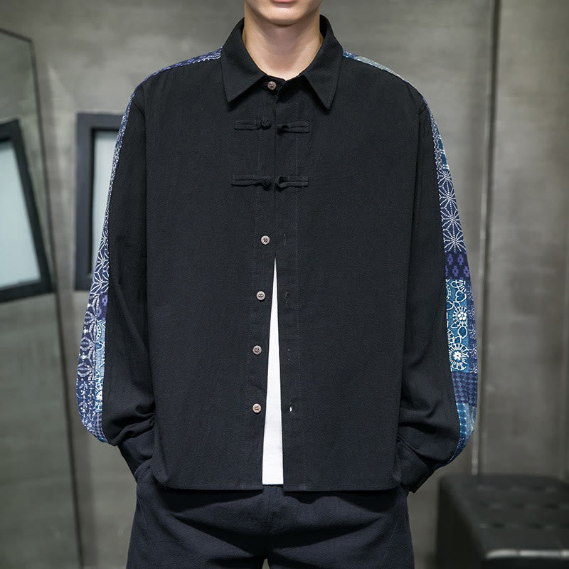 Camisa de manga larga de algodón con estampado floral y costuras de Buddha Stones para hombre - Negro - US/UK/AU50, UE60 (5XL) - image 0