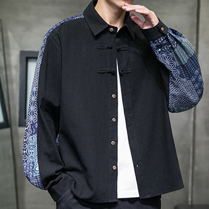 Camisa de manga larga de algodón con estampado floral y costuras de Buddha Stones para hombre - image 2