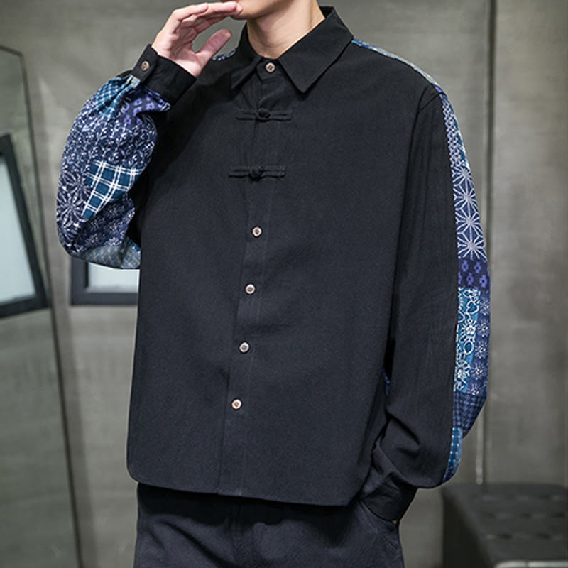 Camisa de manga larga de algodón con estampado floral y costuras de Buddha Stones para hombre - image 1