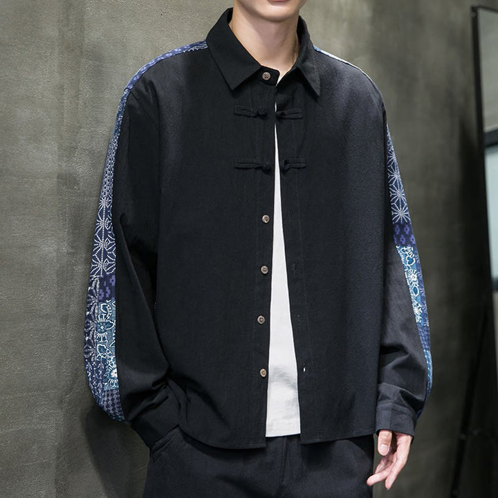 Camisa de manga larga de algodón con estampado floral y costuras de Buddha Stones para hombre - image 6