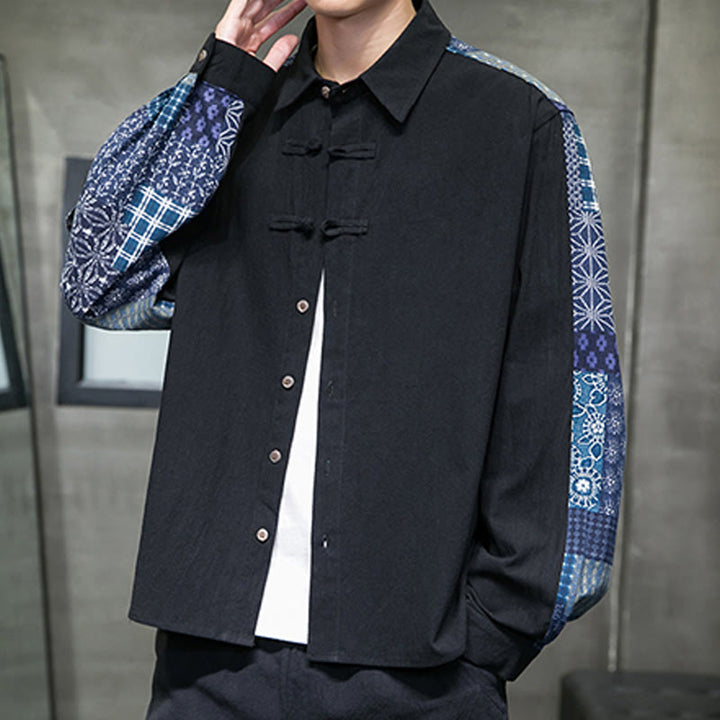 Camisa de manga larga de algodón con estampado floral y costuras de Buddha Stones para hombre - image 5