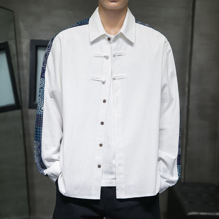 Camisa de manga larga de algodón con estampado floral y costuras de Buddha Stones para hombre - image 11